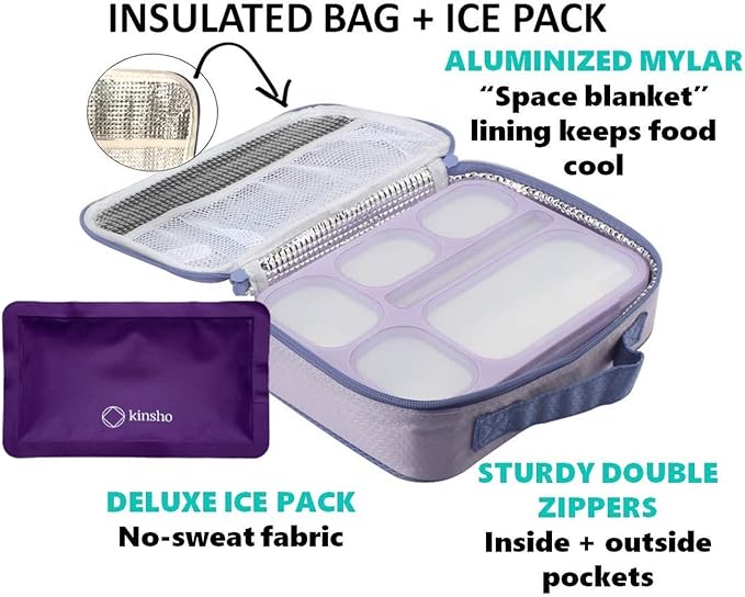 Bento Box with Bag and Ice Pack Set for Kids. Lunch Boxes Snack Containers for Boys Girls Adults. 6 Compartments, Leakproof Portion Container Boxes Insulated Bags for School Lunches, BPA Free, Lilac