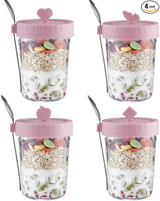 20 oz Glass Oats Containers Jars With Lids and Spoons, 4 Pack Glass Mason Overnight Oat Jars, Glass Overnight Oats Containers, for Parfait,Breakfast, Yogurt