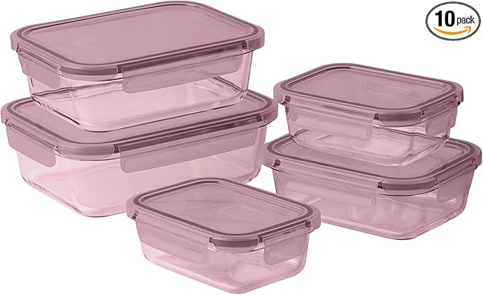 COOK WITH COLOR Premium 10-Pc. Colored Glass Food Container Set - 5 Rectangles - Leakproof Lids - Meal Prep, Storage, Pink