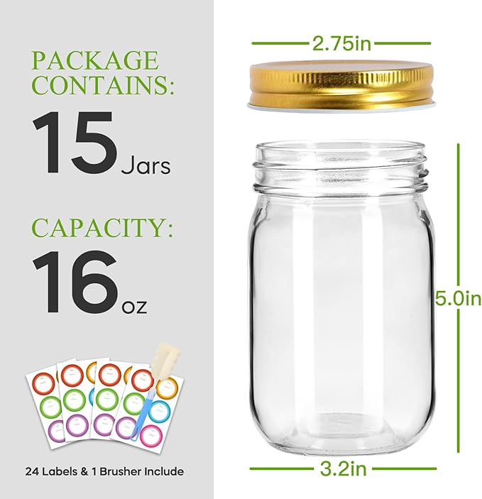 Mason Jars 16 oz with Gold Lids, 15 Pack Canning Jars, Clear Regular Mouth Glass Jars for Canning and Fermenting, Labels & Brusher Included - Microwave & Dishwasher Safe