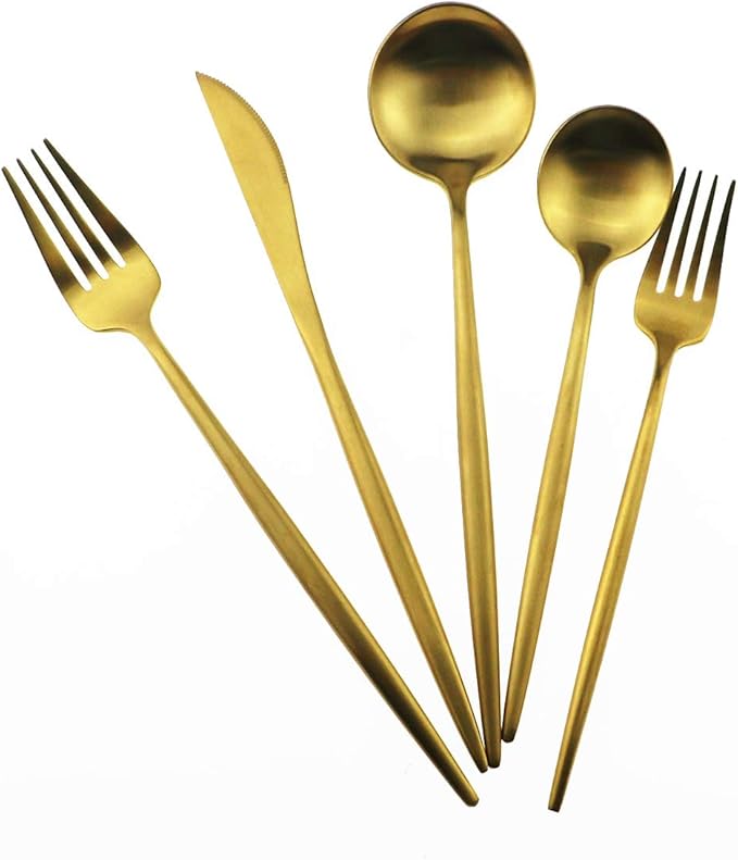 Gold Flatware, Royal 20 Piece Luxury Matte Finish 18/10 Stainless Steel Tableware Sets for 4 Including Forks Spoons Knives, Camping Silverware Travel Utensils Set Cutlery (Gold)