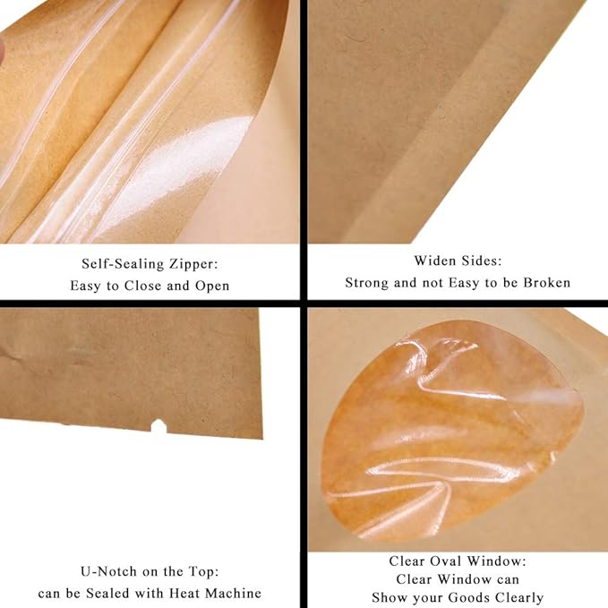 SumDirect Kraft Paper Bags, Zip Lock Stand-up Reusable Sealing Food Pouches with Transparent Window and Tear Notch for Storing,Cookie,Dried Foods,Snack,4.3x 6.2 Inches,1.5oz,Pack of 50
