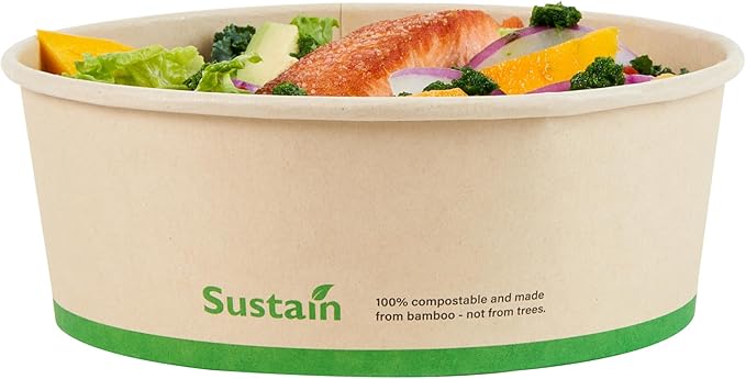 Restaurantware-Sustain 44 Ounce Sturdy Paper Take Out Boxes, 50 Round Take Out Food Containers - With PLA lining, Compostable, Bamboo Paper Containers, Disposable, Greaseproof