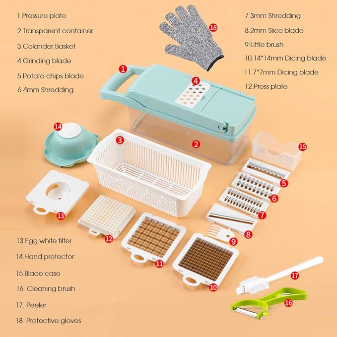 Vegetable Chopper, Cambom Multifunctional Vegetable Cutter Onion Chopper Mandoline Slicer Dicer with Colander Basket and Container 8 Interchangeable Blades