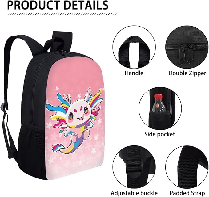 Dolyues Colorful Axolotl 17-Inch Waterproof College Backpack Set - Includes Lunch Box & Black Pencil Case - 3-Piece Bookbag for Students