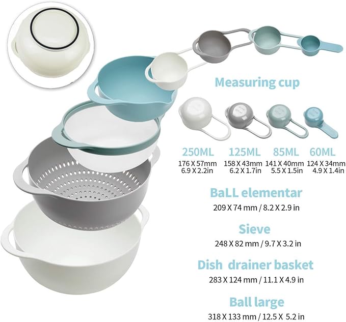 13 Pcs Mixing Bowls Set, RV Camping Accessories Set, Apartment Kitchen Gadget Easy Storage, Inculding Measuring Cups Colander Sifter Large Bowl Whisk Scraper, Great for Cooking and Baking, No BPA