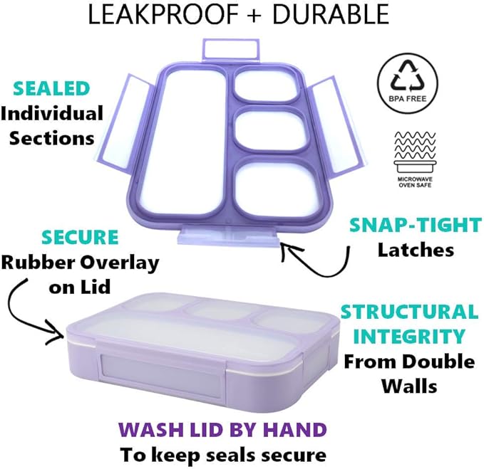 kinsho Bento Lunch Box for Kids Lunch-Boxes for Women Adults Girls Boys | Leakproof Snack Containers for Toddlers Tweens Pre-School Lunches BPA Free | Purple, 4 compartments (1 Pack)