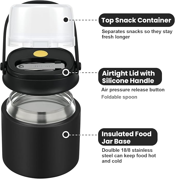2-In-1 Soup Thermo for Hot Food Kids, 15 Oz Insulated Lunch Container and a Snack Box, Wide Mouth, Leak Proof, Stainless Steel Spoon, Dishwasher Safe Food Thermo Set for School, Work, Travel, Black