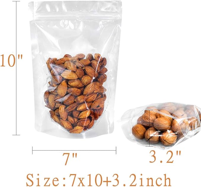 100 Pack Smell Proof Mylar Bags 7x10+3.2inch, Resealable Stand Up Food Storage Bags Clear Reusable Self Seal Zipper Lock Mylar Bags for Food, Seeds, Pills