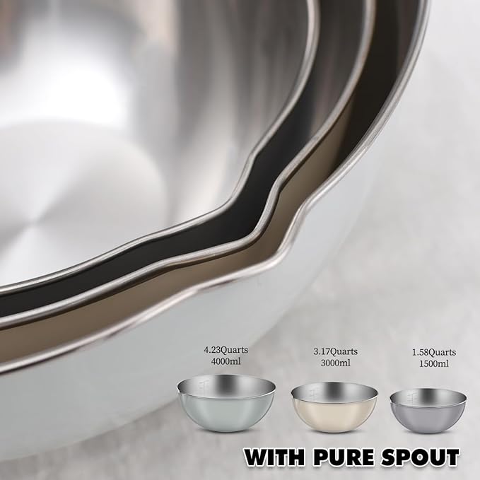 3-Piece Stainless Steel Mixing Bowl Set, Beige/Mint Green/Light Gray, Nesting Design with Pure Spout, Multipurpose Kitchen Basket /1.56Quarts/3.17Quarts/4.23Quarts (Assorted Color)