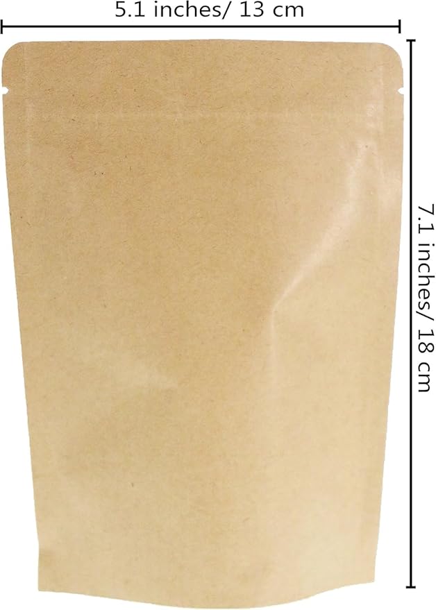 SumDirect Kraft Stand Up Pouches - 100 Pack Self-Sealing Zipper Food Storage Reusable Bags with Foil Lined for Home or Business (5X7 Inch,100PCS)