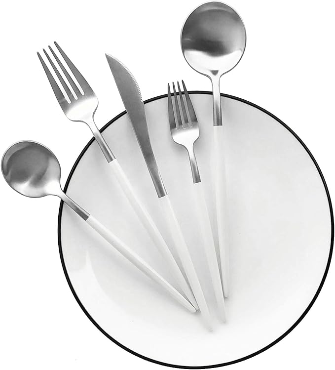 Matte Silverware Set, 10-Piece 18/10 Stainless Steel Satin Finish Flatware Set Service for 2, Kitchen Utensil Set, Tableware Cutlery Set for Home Restaurant (White Handle Silver, 10-Piece)
