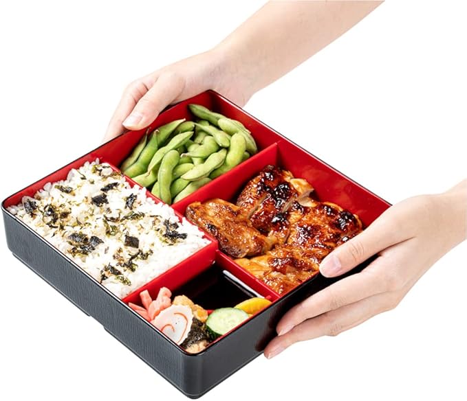 Restaurantware-8.3 x 2.2 Inch Compartment Lunch Container, 1 Japanese Style Adult Lunch Container - With 5 Compartments, Greaseproof, Black & Red Plastic Divided Lunch Box, For Hot & Cold Food