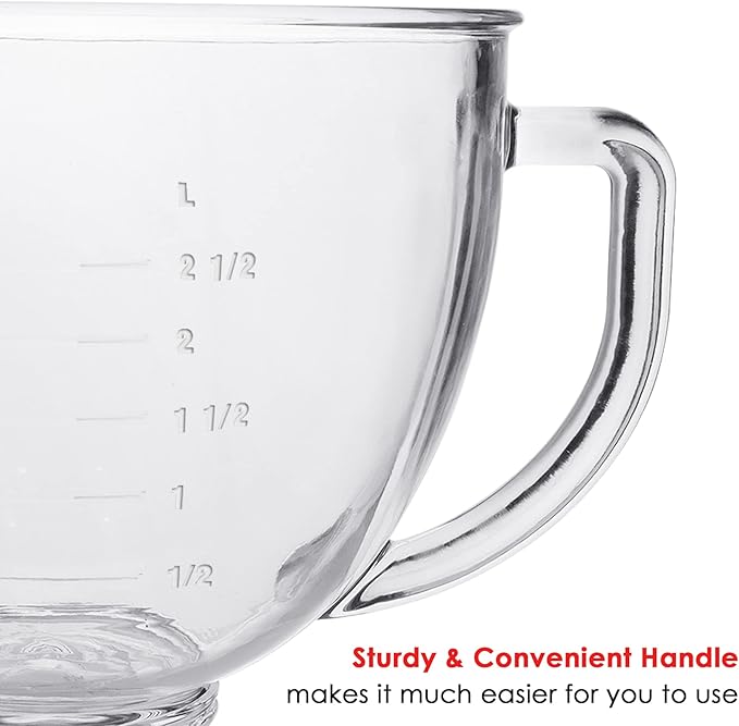 Glass Mixing Bowl Accessory 5 Quart - Compatible with KitchenAid 4.5 and 5 Quart Tilt-Head Stand Mixers (With Lid)