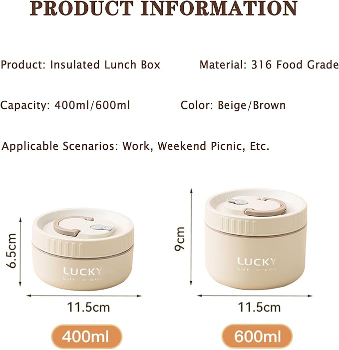 Stainless Steel Lunch Box, 3-Tier Insulated Bento Box Microwave Safe Soup Bowl for Adults, Thermal Food Container for Office Workers (Brown, 1pcs, 400ml)