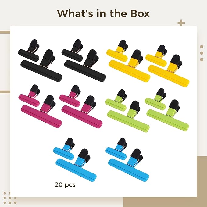 20 Pcs Chip Clips, Food Bag Clips with Strong Spring Closure - Large & Small Plastic Bag Sealing Clips in 5 Colors - Air-Tight Storage Clips with Anti-Slip Grip for Food Storage