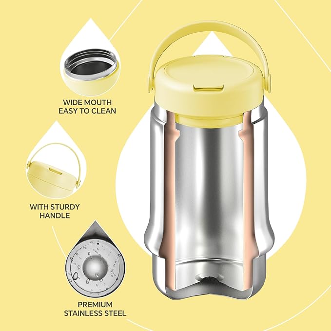 Ideus 20 oz Insulated Soup Thermo with Foldable Spolk and Bowl, All-in-one Stainless Steel Vacuum Thermal Food Jar for Lunch, Leakproof Bento Lunchbox Portable Soup Container (Light Yellow)