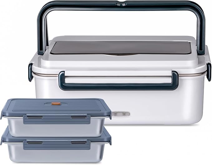 Electric Lunch Box, heated lunchbox for adults men 12V/24V/110V portable Food Warmer 80W self heating lunch boxes for Car Truck Work, heatable lunchbox with 2 Stainless Steel Containers 60-oz