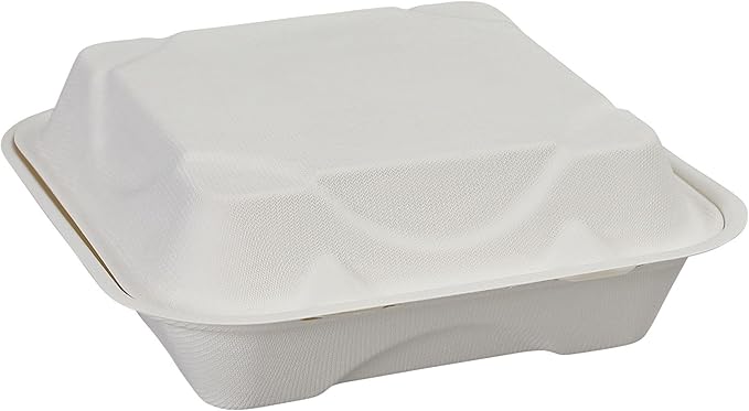 ECO PRODUCTS Compostable Vanguard 8" Clamshell To Go Containers, Case of 200, 3 Compartment, Square Take Out Food Box, White Renewable Molded Fiber, No-Added PFAS, ASTM Compliant, BPI-Certified