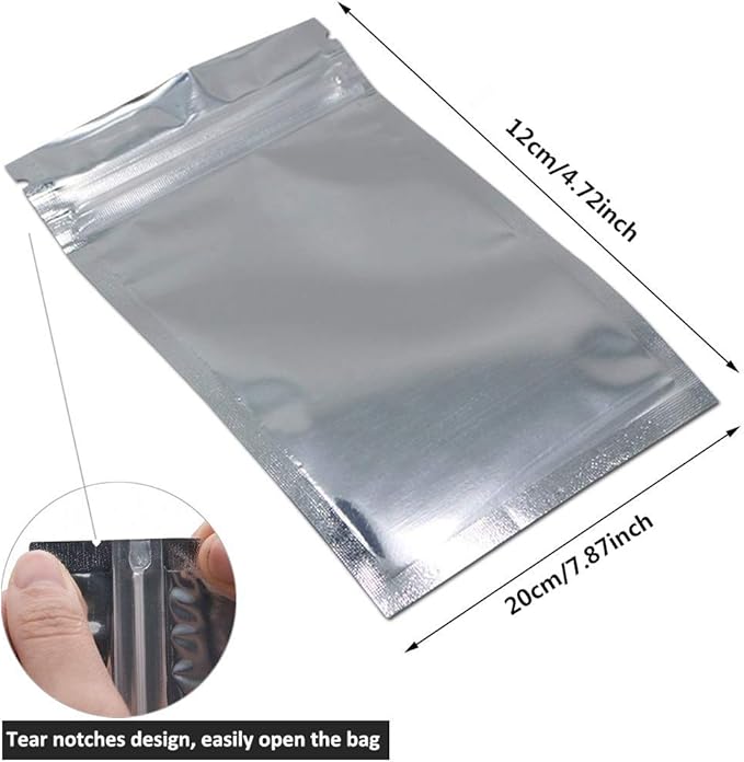 100 Pack Mylar Bags - 4.7x7.9 Inch Packing Pouch Bags Resealable Clear Zip Lock Food Storage Bags, Food Safe Plastic Aluminum Material - Silver