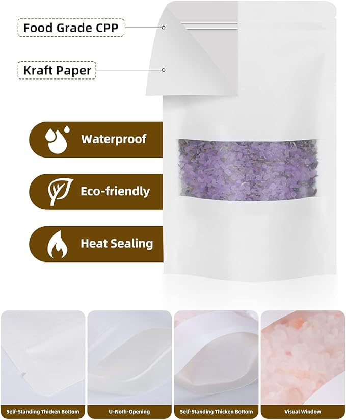 100pcs Kraft Bags with Window 7.1x10 Inches White Reusable Sealable Ziplock Food Storage Stand up Paper Pouches for Home or Business