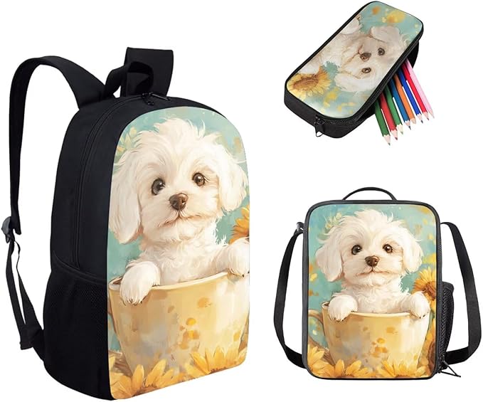 Dolyues Sunflower Cup Dog Girls Backpack Bundle: 17 Inch Children’s Backpack, Double Compartment Lunch Bag & Shimmer Pencil Case - Washable & Scratch-Resistant