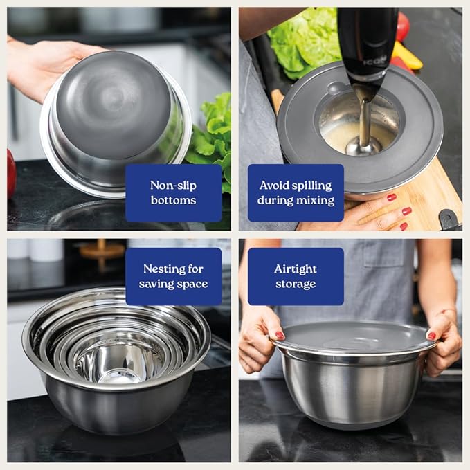 WHYSKO® Stainless Steel Mixing Bowls With Lids Plus Stainless Steel Whisk, Potato Masher and Grater Lids, 5 Nesting Mixing Bowls And Kitchen Tools for Meal Prep, Cooking, Baking, Serving, Food Storage