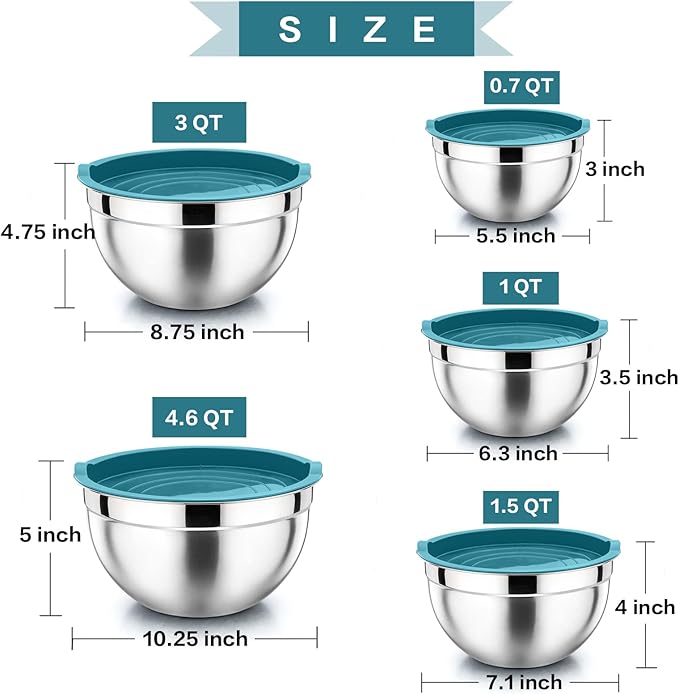 P&P CHEF Mixing Bowl with Lid Set of 5, 10-Piece Stainless Steel Nesting Salad Bowl Set for Prepping, Mixing and Serving, Size 4.6, 3, 1.5, 1, 0.7 QT, Rimmed Edges & Flat Base, Blue