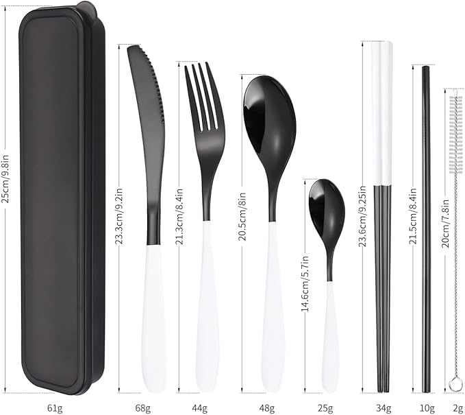 AARAINBOW 7 Pieces 18/8 Stainless Steel Flatware Set Portable Reusable Cutlery Set Travel Utensils Set Including Chopsticks Knife Fork Spoon Straws Cleaning Brush Dishwasher Safe (Y-Black white)