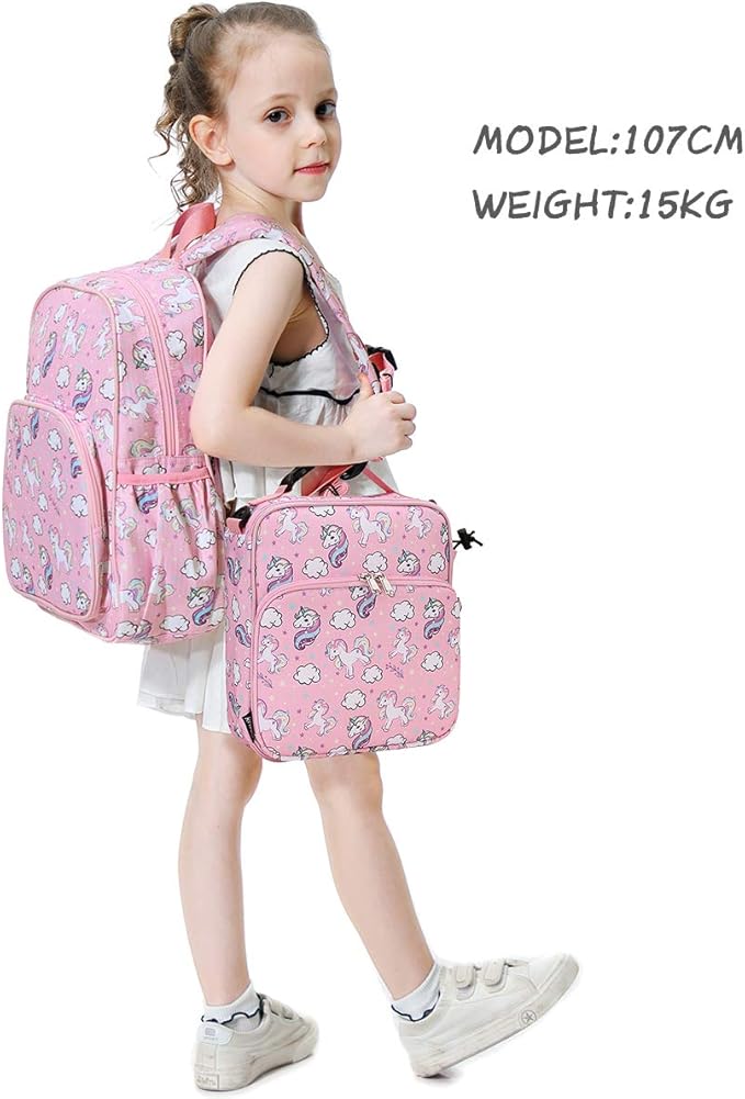 RAVUO Lunch Bag for Girls, Insulated Lunch Box for Kids Cute Unicorn Reusable Lunch Tote with Detachable Shoulder Strap and Buckle Handle