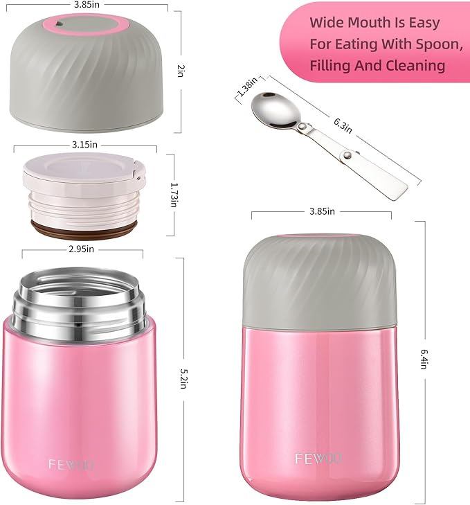 FEWOO Food Jar - 20oz Vacuum Insulated Soup Container, Stainless Steel Lunch Box for Kids Adult, with Folding Spoon for Hot or Cold Food (Pink)