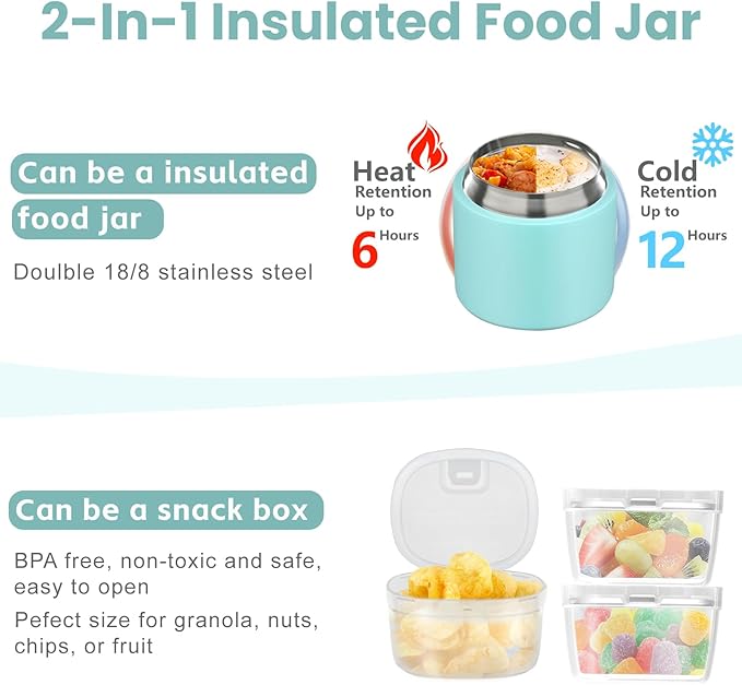 2-In-1 Soup Thermo for Hot Food Kids, 15 Oz Insulated Food Container and a Snack Box, Wide Mouth, Leak Proof, Stainless Steel Spoon, Dishwasher Safe Food Thermo Set for School, Work,Tiffany Blue