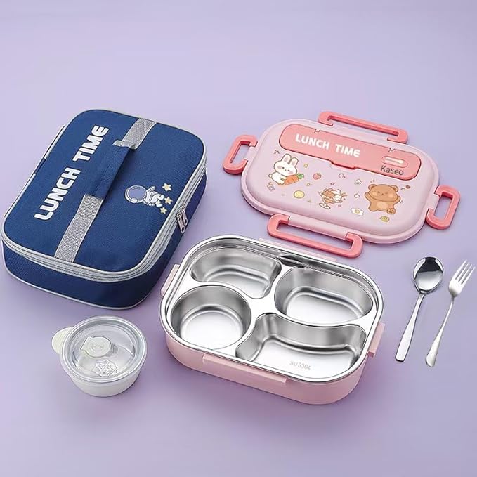 Bento box for kids/adults, 304 Stainless steel insulated 4 compartments lunch box with Soup Bowl, Thermal bag, Spoon and folk, Leak proof, Microwavable, Dishwasher safe, 5 colors (Purple)