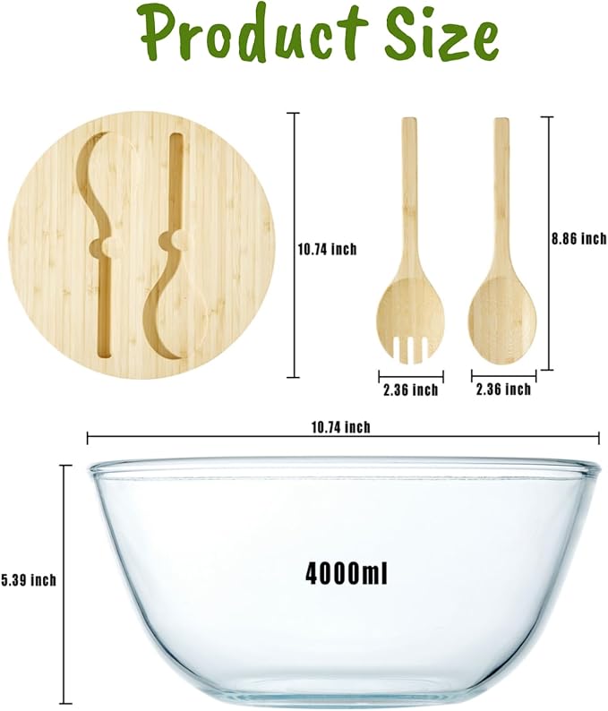 Glass Salad Bowl, 10.6" Salad Bowl with Bamboo Lid, Glass Mixing Bowls, Serving Bowls, Large Salad Bowls Set with Utensils, Trifle Bowl Fruit Bowl for Salad, Pasta, Fruit, Desserts
