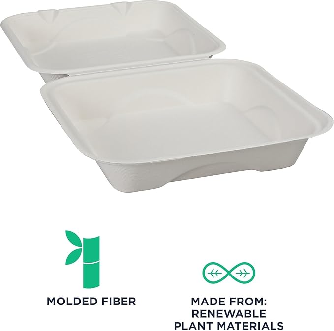 ECO PRODUCTS Compostable Vanguard 9" Clamshell To Go Containers, Case of 200, Square Take Out Food Box, White Renewable Molded Fiber, Grease Resistant, No-Added PFAS, ASTM Compliant, BPI-Certified