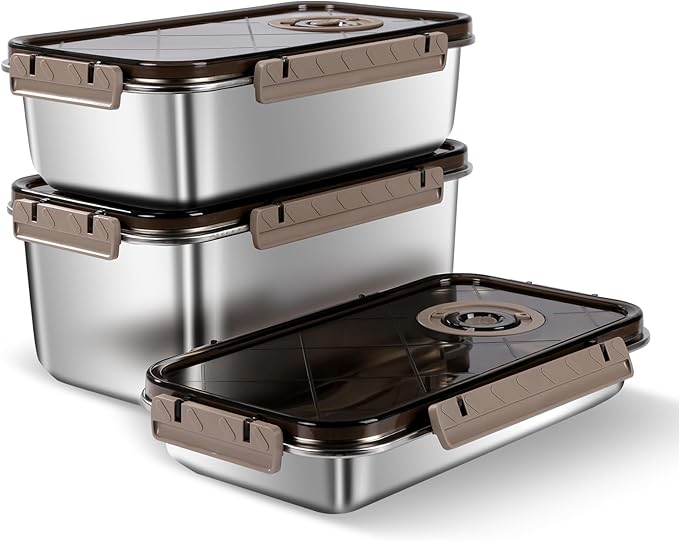 Large Food Containers with Lids Meal Prep Container Airtight Pantry Kitchen Storage Containers Set Reusable Stainless Steel Bowl for Home, Travel, Work, Party, Leftovers (203OZ+128OZ+74OZ)