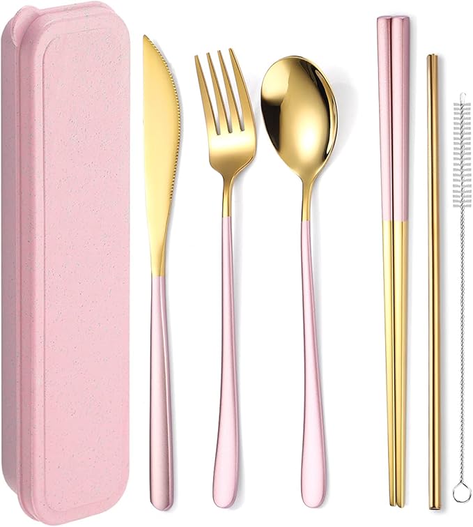 AARAINBOW 6 Pieces 18/8 Stainless Steel Flatware Set Portable Reusable Cutlery Set Travel Utensils Set Including Chopsticks Knife Fork Spoon Straws Cleaning Brush Dishwasher Safe (Pink golden)
