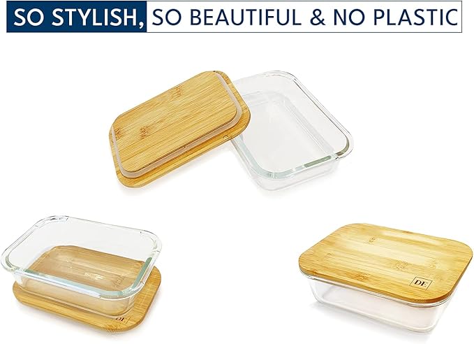 DE Glass Food Storage Containers with Bamboo Lids (Pack of 4) Eco Friendly Glass Meal Prep Containers Reusable BPA Free Bento Lunch Box Airtight Plastic Free Glass Container with Lid