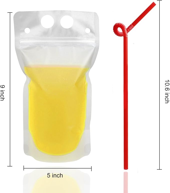 100 Pcs Drink Pouches with 100 Straw Holes, Freezable Juice Pouches, Translucent Reclosable Zipper Plastic Pouche Drink Bags for Cold & Hot Drinks for Adults and Kids