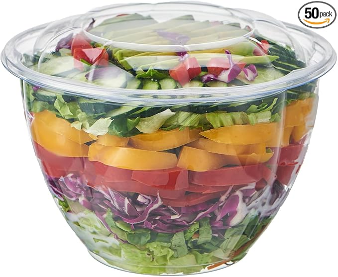 FULING [48 oz. 50 Sets Clear Plastic Salad Bowls with Airtight Lids Disposable To Go Mixing Containers Serving for Fruit, Quinoa, Lunch and Meal Prep