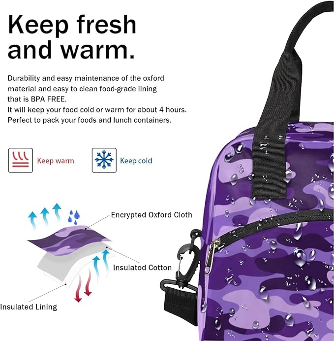 Purple Camouflage Insulated Lunch Bag for Women Men Reusable Lunch Box Cooler Bag Large Leakproof Lunch Tote with Adjustable Shoulder Strap for Adult Work Picnic Camping Beach Office