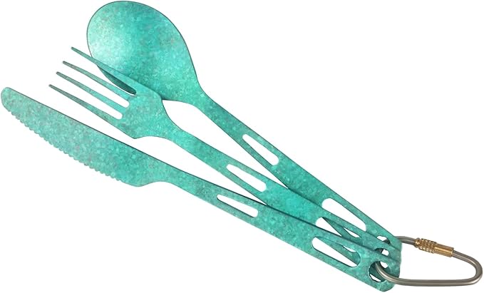 Titanium 3 Piece Cutlery Set, Extra Strong Ultra-Lightweight Durable Knife Fork & Spoon Tableware for Outdoor Camping & Hiking, Comes with Drawstring Bag & Titanium Carabiner-Green