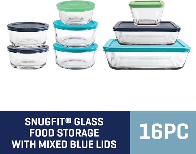Anchor Hocking 16 Piece Glass Storage Containers with Lids (8 Glass Food Storage Containers & 8 Mixed Blue SnugFit Lids)