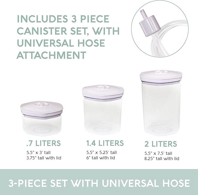 Avid Armor 3 Piece Vacuum Food Container Set for Home Kitchen with Accessory Hose in 2L, 1.4L, and 0.7L Sizes BPA Free