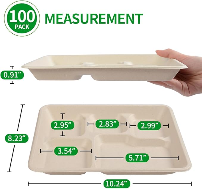 bloomoon 100 Pack 5 Compartment Paper Plates, 10 * 8 inch Disposable Lunch Trays with 5 Compartment, Heavy Duty Divided Paper Plates for Buffet, School, Party