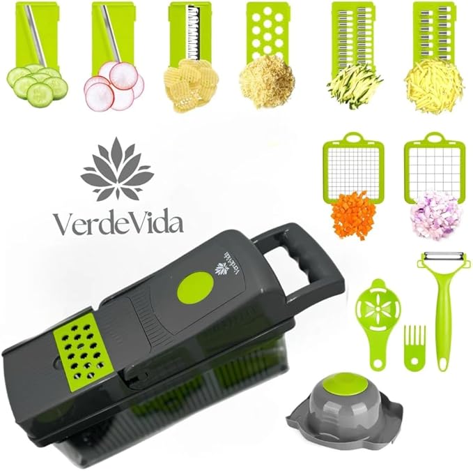 Vegetable Chopper, Food Chopper & Spiralizer, 15-in-1, 8 Stainless Steel Blades, Black
