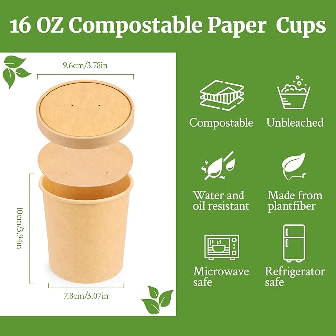 16 Oz Compostable Paper Bowls 25 Pack Biodegradable Disposable Heavy Duty To Go Bowls for Cold & Hot Food