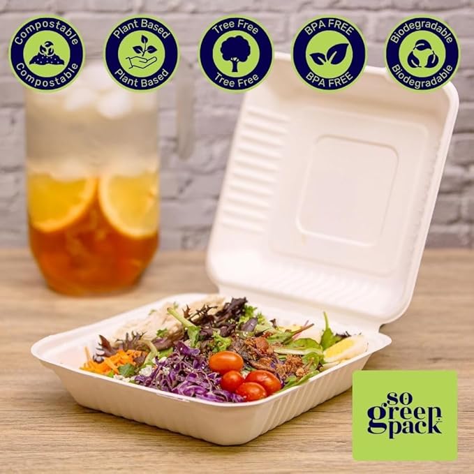 50 Packs Disposable 8x8 Clamshell Take-Out Container Compostable Biodegradable Bagasse & Eco-friendly To Go Container for Food