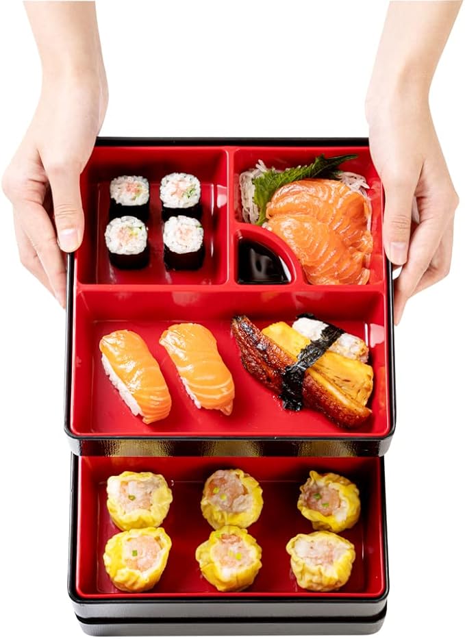 Restaurantware-8.3 x 5.9 Inch 5-Compartment Lunch Container, 1 Japanese Style Adult Lunch Container - 3 Stackable Layers, Black & Red Plastic Divided Lunch Box, Greaseproof, Hot & Cold Food