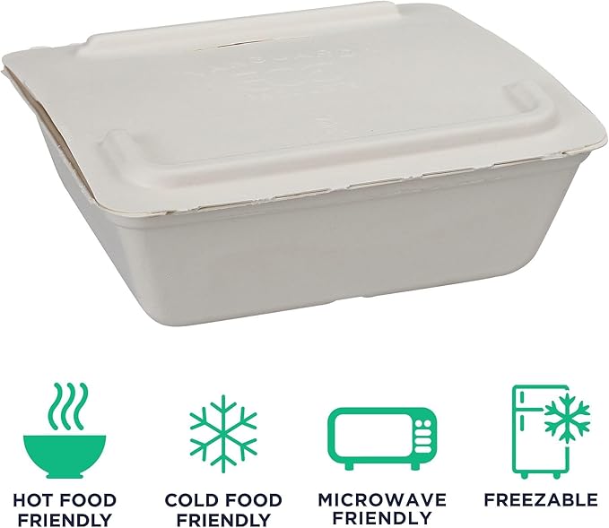 ECO PRODUCTS Compostable 58oz One-Piece To Go Containers, Case of 150, 8.25"x7.5"x2.5" Vanguard Folia Innovative Container, Disposable Renewable White Molded Fiber, No PFAS, ASTM, BPI-Certified